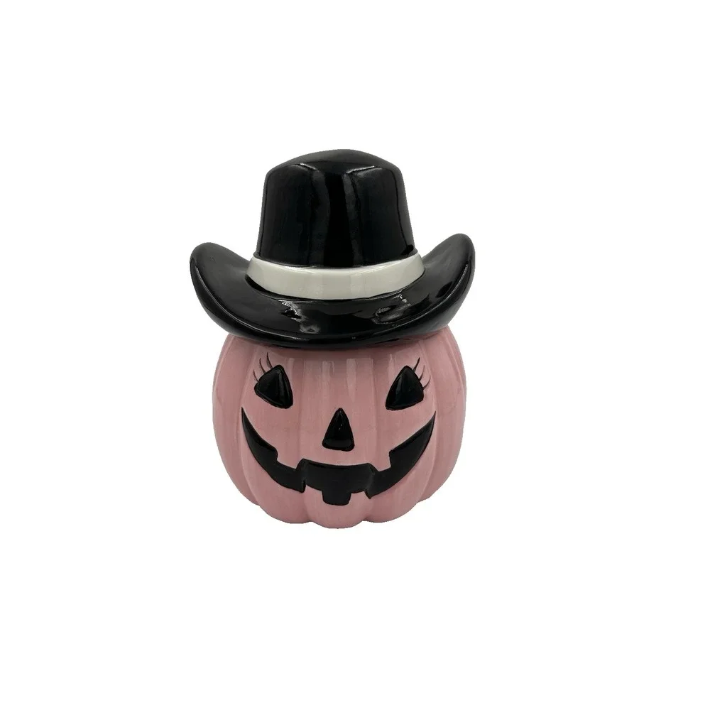 Pink Pumpkin Cowboy Hat Cookie Jar Ceramic Halloween Decor Pinkoween